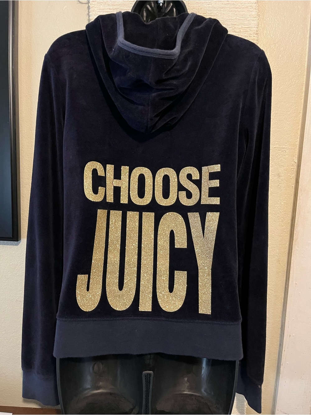 2010-11 Juicy Couture Navy Velour Hoodie with Gold Glitter 'CHOOSE JUICY'
